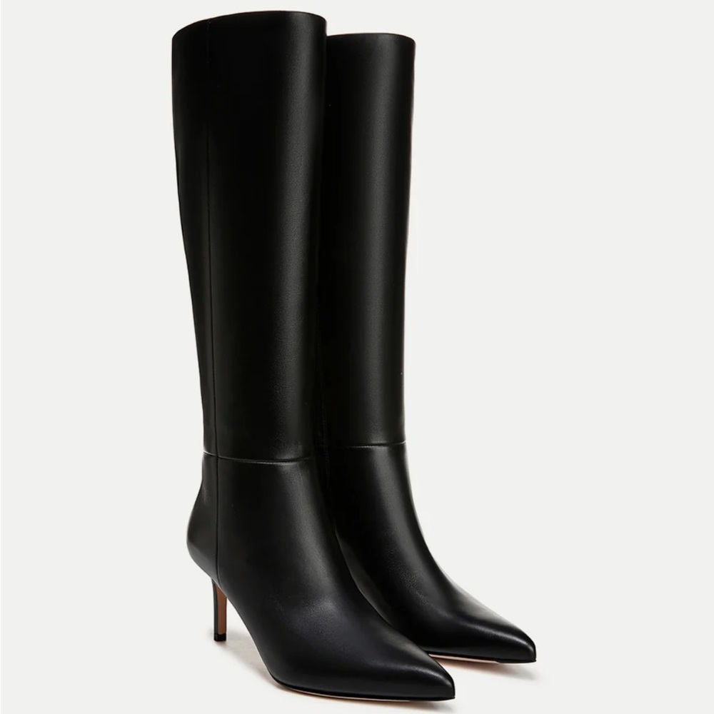 New Veronica Beard Lisa Black Leather Knee-High Tall Boots Mid Heel Size 10